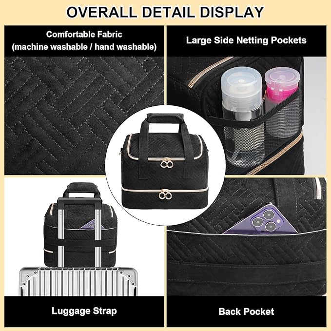 Nail Polish Organizer Bag Holds 50 Bottles (15ml/0.5fl.oz)& Nail Lamp, Soft Velvet Nail Kit Storage Carrying Case with Shoulder Strap, Double Layer Nail Supplies Organizer Handbag Women Black