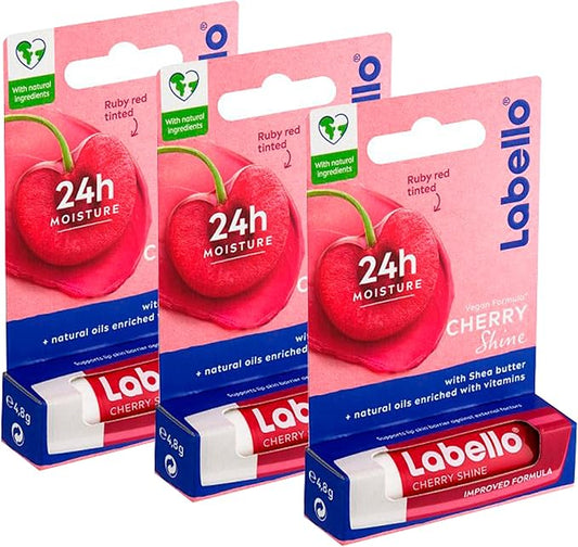 3 LABELLO CHERRY FRUITY SHINE LIP BALM STICK CARE BEAUTY SOFT SMOOTH SPF 10 NEW-VivaGrace Women