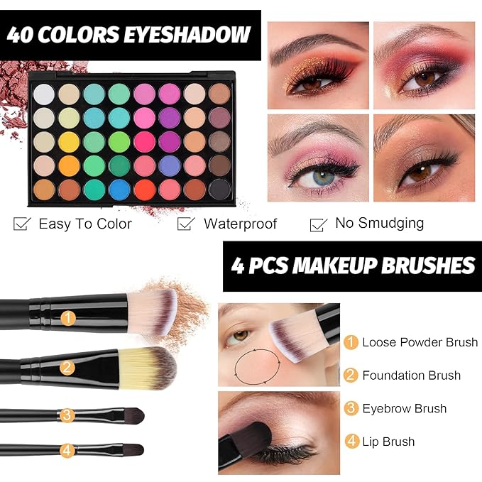 Fenshine All In One Makeup Kit for Women, Full Makeup Gift Set for Beginners, Makeup Essential Starter Bundle Include Eyeshadow Palette Lipstick Eyebrow Pencil Brush Set (Type C)-VivaGrace Women