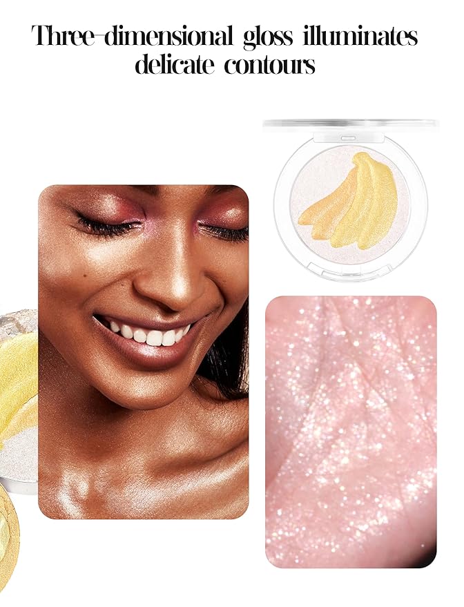 Cream Highlighter Compact, Highly Pigmented Glitter Powder Makeup, Face Highlighters & Luminizers Makeup Palette, Body Cheek Gold Pink Metallic Sparkle Glitter Shimmer Bronzer (#04 Banana)-VivaGrace Women