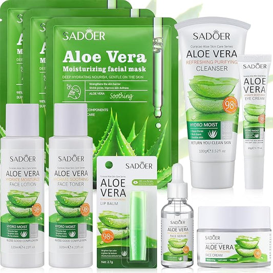 10 Pcs Skin Care Sets Face Care Set for Women Includes 1 Pcs Cleanser, Toner, Lotion, Eye Cream, Serum, Face Cream, Lip Balm and 3 Facial Masks Skincare Gift for Girls (Aloe Vera)-VivaGrace Women
