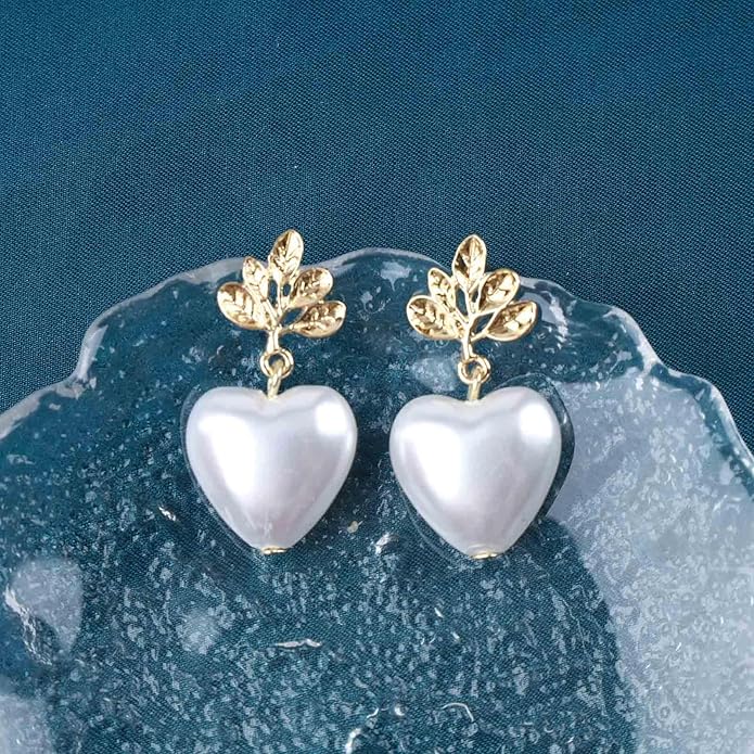 Vintage Pearl Heart Dangle Earrings Heart Pearl Drop Earrings Gold Leaf Stud Earrings Heart Love Earrings Jewelry for Women-VivaGrace Women