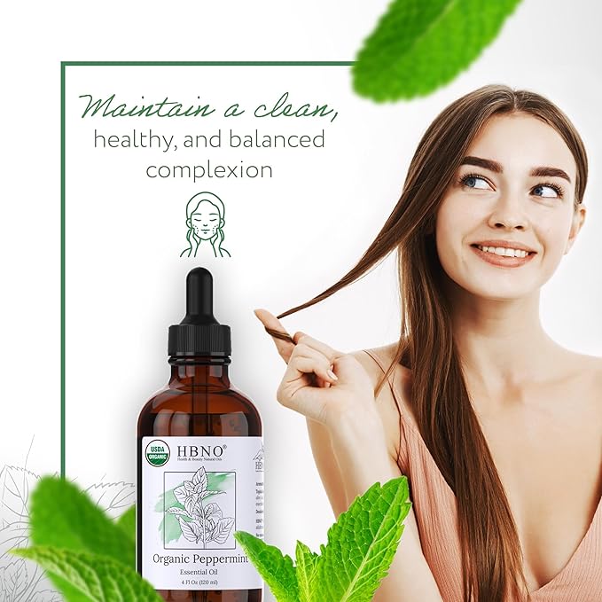 HBNO California Bottled Organic Peppermint Essential Oil (Mentha Piperita) 4 fl oz (120ml) - USDA Certified Organic Peppermint Oil for Hair - Perfect for Aromatherapy-VivaGrace Women