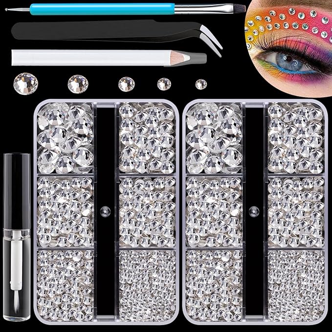 Colorful Face Gems for Makeup Set, Flatback Gorgeous Charming Clear Gass Gem with Makeup Glue+Picker Pencil+Tweezer+Dual-End Dotting Tool for Eye Body Hair Make-up and Nail Art Deco-VivaGrace Women
