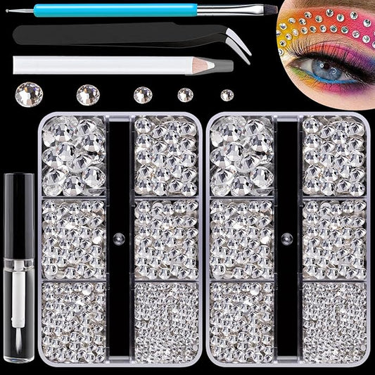 Colorful Face Gems for Makeup Set, Flatback Gorgeous Charming Clear Gass Gem with Makeup Glue+Picker Pencil+Tweezer+Dual-End Dotting Tool for Eye Body Hair Make-up and Nail Art Deco-VivaGrace Women