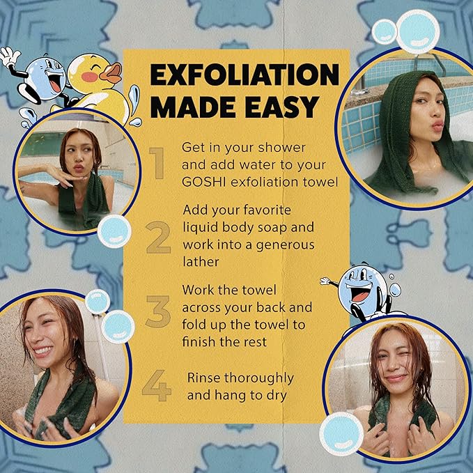 GOSHI Exfoliating Shower Towel - Rip-Resistant Exfoliating Washcloth for All Skin Types - Moss Green - Made in Japan-VivaGrace Women