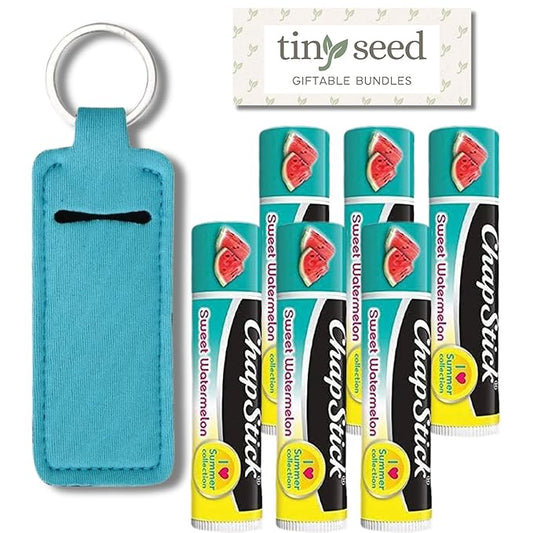 Sweet Watermelon Chapstick 6-Pack. Includes Bonus Lip Balm Holder Keychain (Blue). Limited Edition Flavor from the Chapstick I Love Summer Collection, Unique Gift Bundle from Tiny Seed-VivaGrace Women