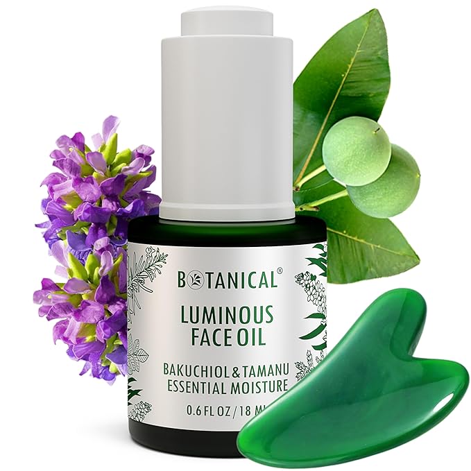 Botanical Luminous Face Oil | Skin Rejuvenating Tamanu & Bakuchiol w/Gua Sha Lift Scraper | Organic, Pure, Natural Skincare (0.6 fl oz | 18 ml)-VivaGrace Women