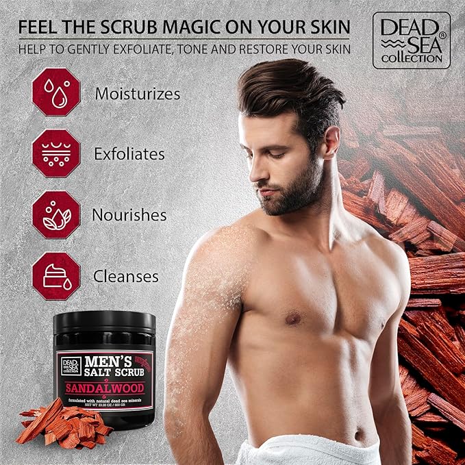 Salt Body Scrub Sandalwood For Men – Moisturizes, Exfoliates & Nourishes Skin – Cleanses & Detoxifies with Dead Sea Minerals - Dead Sea Collection – 23.28 OZ-VivaGrace Women
