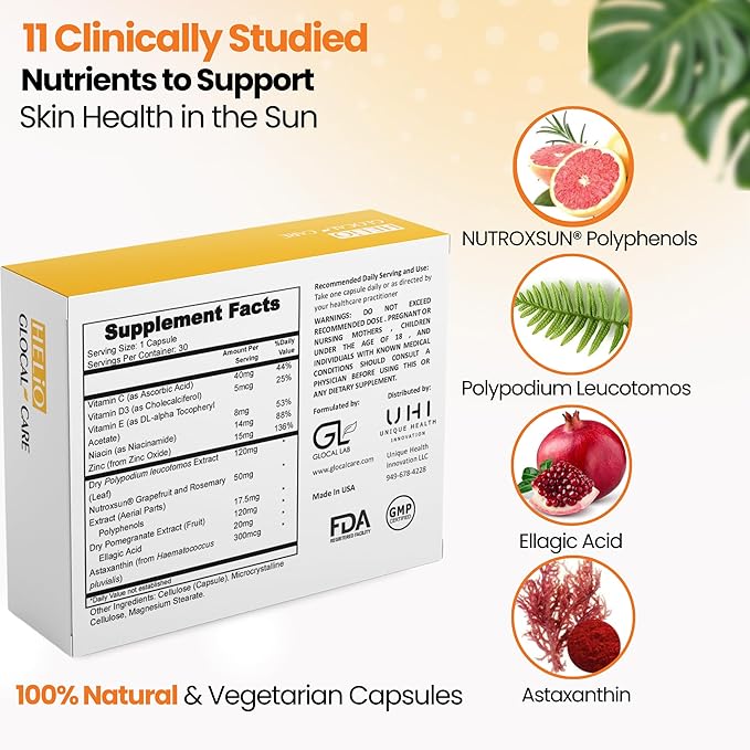 GlocalCare Helio – Antioxidant-Rich Sun Defense & Skin Rejuvenation Supplement with Polypodium, Nutroxsun, Astaxanthin & Pomegranate Extract - Fights Photoaging & Oxidative Stress - (30 Capsules)-VivaGrace Women