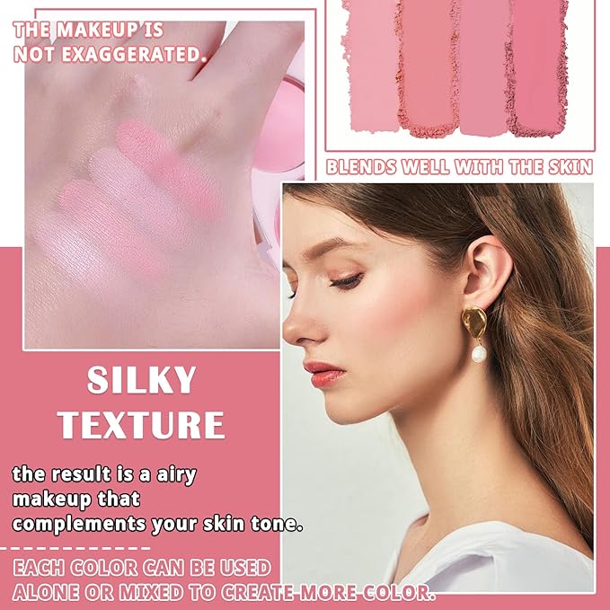 4 Colors Blush Palette for Cheeks,Face Matte Contour Blush Makeup Palette,Buildable Shimmer Facial Cheek Blusher Shades,Blendable Cosmetic Makeup Blush with Blush Brush 01-VivaGrace Women