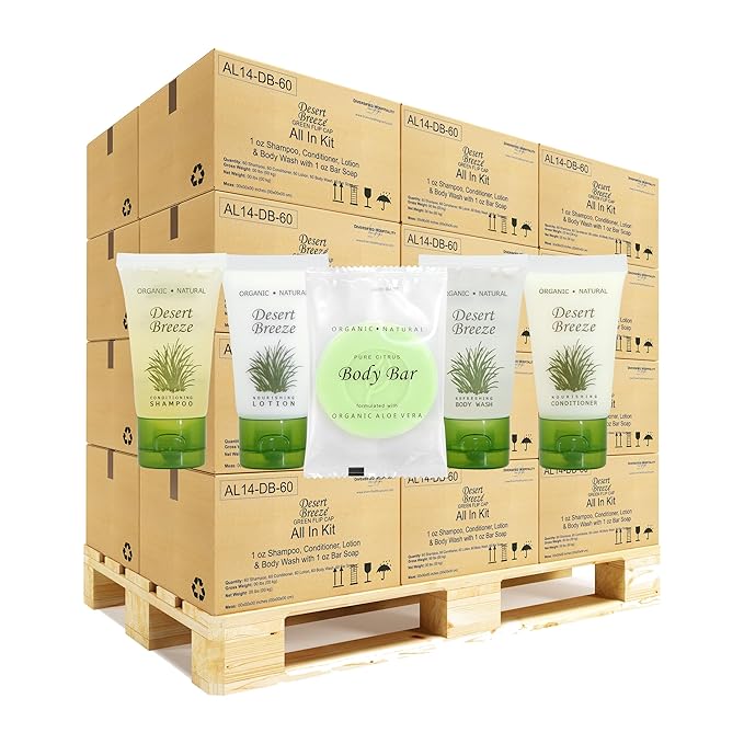 Desert Breeze Hotel Soaps and Toiletries Bulk Set | 1oz Hotel Shampoo & Conditioner, Body Wash, Body Lotion & Bar Soap | Half Pallet 21 cases with 300 units each - 6,300 pieces-VivaGrace Women