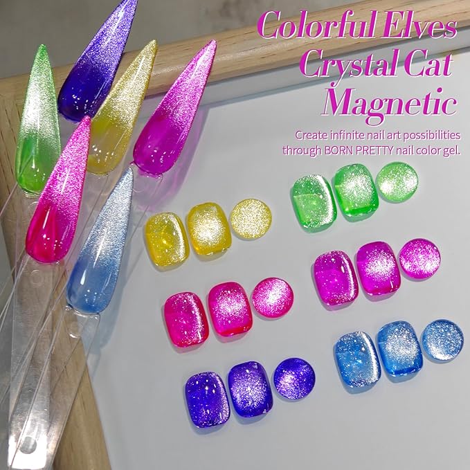 Born Pretty Cat Magnetic Eye Gel Nail Polish Spring Summer Neon Shimmer Glitter Holographic Cat Magnetic Eye Gel Crystal Glass Cat Magnetic Gel Polish Nail Art Manicure DIY at Home 6PCS-VivaGrace Women