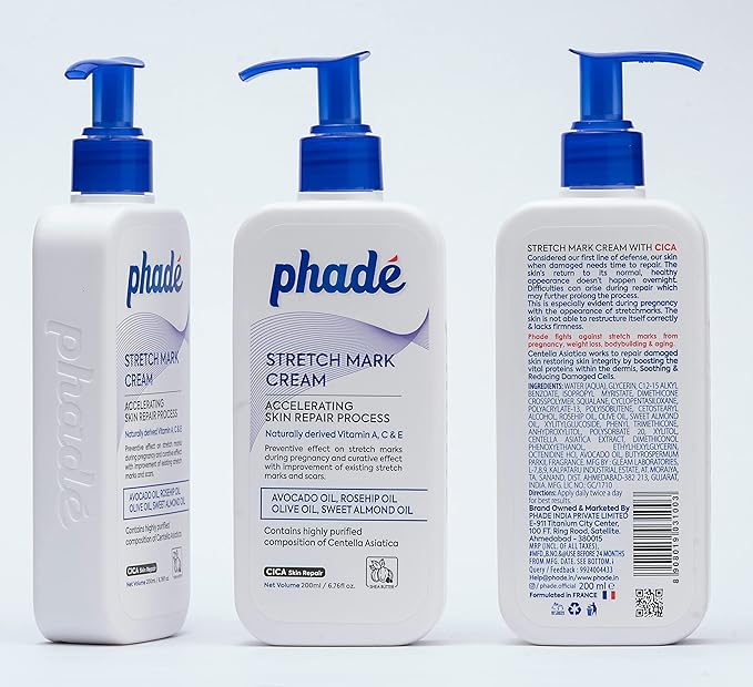 Phade Stretch Mark Cream with CICA - 200ml | Pregnancy, Scars, Uneven Skin Tone, Aging | Dermatologist Tested, Clinically Proven Formula for Stretch Marks, Hydration, and Skin Repair-VivaGrace Women