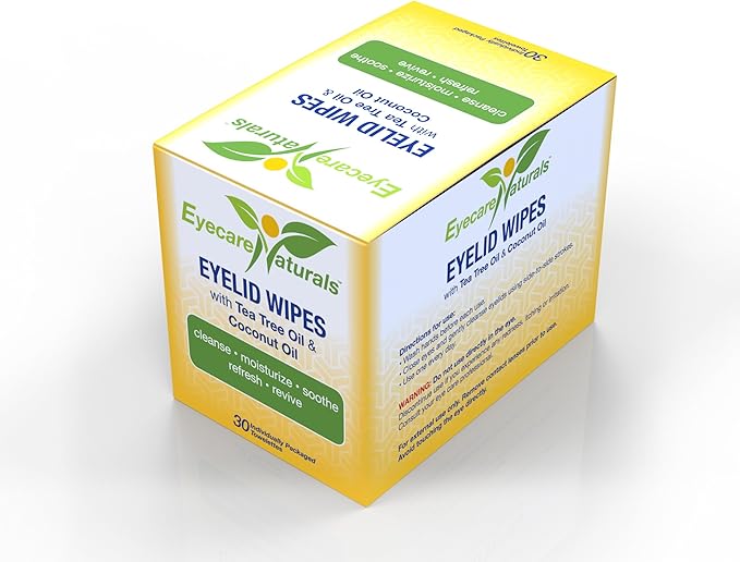 Tea Tree Oil Eyelid Wipes with Coconut Oil - Dry Eye Wipes No Rinse, Natural Essential Oil Cleansing Eye Wipes - Daily Eyelid Makeup Remover - Box of 30 Individually Wrapped Wipes