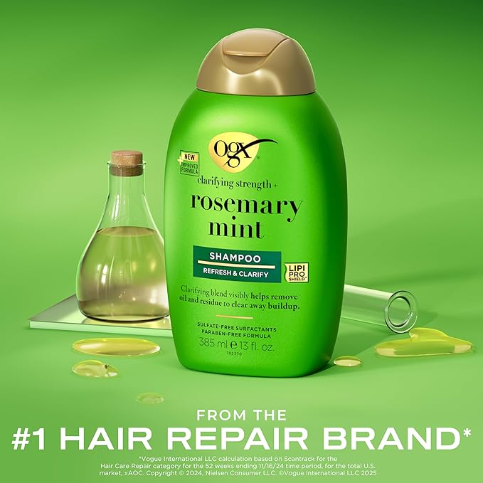 OGX Clarifying Strength + Rosemary Mint Shampoo, Clarifying Shampoo for Oily Hair Visibly Helps Remove Oil & Residue to Clear Away Buildup, Sulfate-Free Surfactants, 13 fl. oz-VivaGrace Women