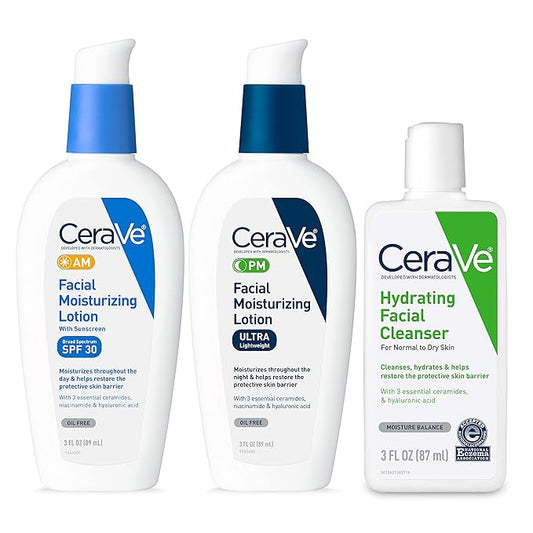 CeraVe AM Face Moisturizer with SPF, PM Face Moisturizer & Hydrating Face Wash Skin Care Routine for Morning & Night | Travel Size Toiletries | 3oz Lotion + 3oz Lotion + 3oz Cleanser-VivaGrace Women