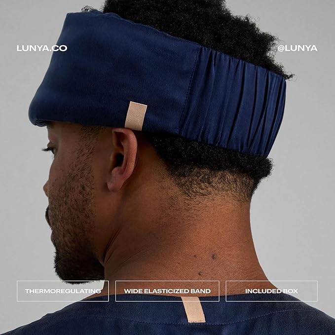 Lunya Sleep Mask with Box - Washable Silk Sleeping Mask and Headband for Beauty Routines - Thermoregulating Comfort for Restful Nights - Silk Eye Mask for Women - Large - Deep Blue-VivaGrace Women