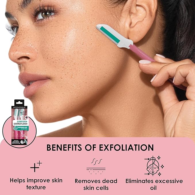 JAPONESQUE Dermaplaner with Soothing Aloe Comfort Strip - Skin Tool with Ultra Precision Blade for Facial Hair Removal and Exfoliation, 3pk.-VivaGrace Women