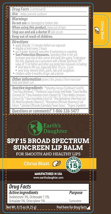 SPF Lip Balm 4-Pack by Earth's Daughter - Lip Sunscreen, SPF 15, Organic Ingredients, Citrus Flavor, Beeswax, Coconut Oil, Vitamin E - Hypoallergenic, Paraben Free, Gluten Free-VivaGrace Women