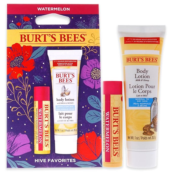 Burts Bees Hive Favorites Kit - Watermelon Unisex -0.15oz Watermelo Lip Balm, 1oz Body Lotion with Milk and Honey 2 Pc,White-VivaGrace Women