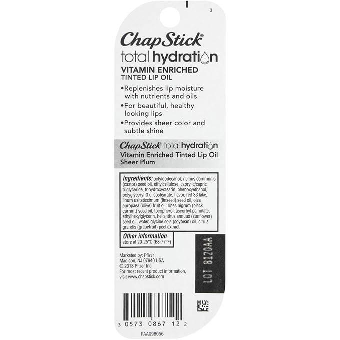 ChapStick Total Hydration Vitamin Enriched Sheer Plum Tinted Lip Oil Tube, Lip Care - 0.24 Oz-VivaGrace Women