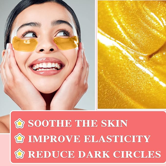 30 Pairs 24K Gold Under Eye Patches,Crystal Collagen Under Eye Mask,Puffy Eyes and Dark Circles Treatments,Moisturising&Hydrating Under Eye Patch Pads for Reducing Fine Lines Eye Bags(Gold)-VivaGrace Women