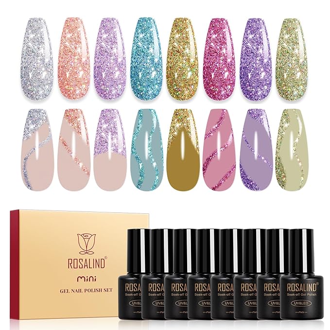 ROSALIND Glitter Gel Nail Polish, 8 Color Gold Glitter Gel Polish Sparkle Diamond Effect Sparkling Collection Soak Off Led Nail Art DIY Salon Gifts For Women-VivaGrace Women