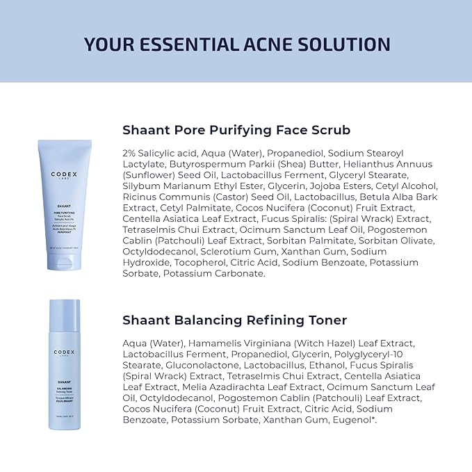 Codex Labs Shaant Deep Cleanse & Tone Kit, Pore Purifying Scrub (100g) & Refining Toner (100ml) - Oil Control & Pore Minimizer - for Acne Prone Skin - with 2% Salicylic Acid, 2% Gluconolactone (PHA)-VivaGrace Women