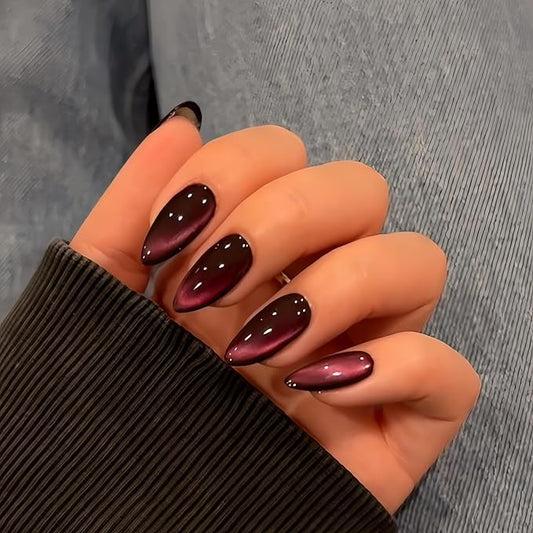 KQueenest Cat Eye Pink Press on Nails Almond Shape, 30 Pcs Glitter Fake Nails Medium, Thick Sparkly Black Nails Press on, Shiny Acrylic Nails, Cute Bling Stick on Nails for Women