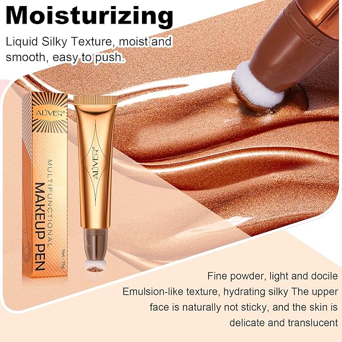 Liquid Highlighter Beauty Wand, Highlight Bronzer Stick with Cushion Applicator, Smooth Shimmer Finish, Lightweight Silky Cream Face Makeup Stick,Cruelty-free (Gold)-VivaGrace Women