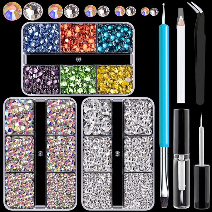 Colorful Face Gems for Makeup Set, Flatback Gorgeous AB+Clear+Mixed-Colored Glass Gems with Picker Pencil, Makeup Glue, Dual-End Dotting Tool and Tweezer for Eye Body Hair Make-up and Nail Art Deco-VivaGrace Women