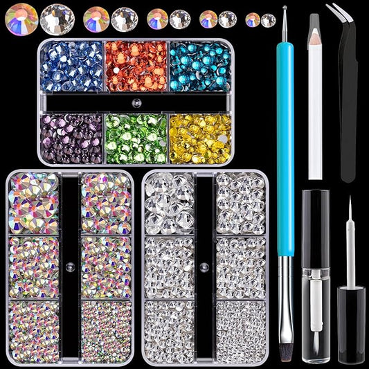 Colorful Face Gems for Makeup Set, Flatback Gorgeous AB+Clear+Mixed-Colored Glass Gems with Picker Pencil, Makeup Glue, Dual-End Dotting Tool and Tweezer for Eye Body Hair Make-up and Nail Art Deco-VivaGrace Women