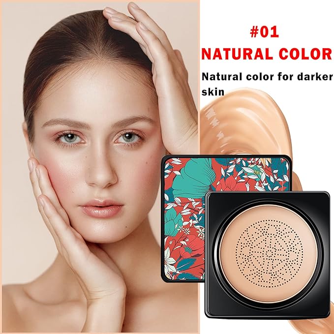 Mushroom Head Air Cushion CC Cream BB Cream Foundation Face Makeup,Full Coverage Foundation Moisturizing Concealer Makeup Base,Long Lasting Cushion Foundation with Mushroom Makeup Sponge (Natural)-VivaGrace Women