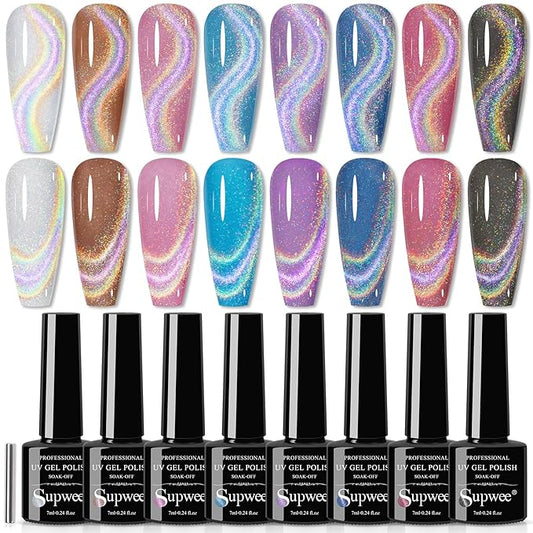 Rainbow Cat Eye Nail Gel Polish Set Sparkle Holographic 9D Cat Eye Gel Polish Laser Glitter Cat Eye Nail Polish Gel Magnetic Gel Soak Off Lamp Gel Varnish Nail Salon Kit (0.24fl oz)