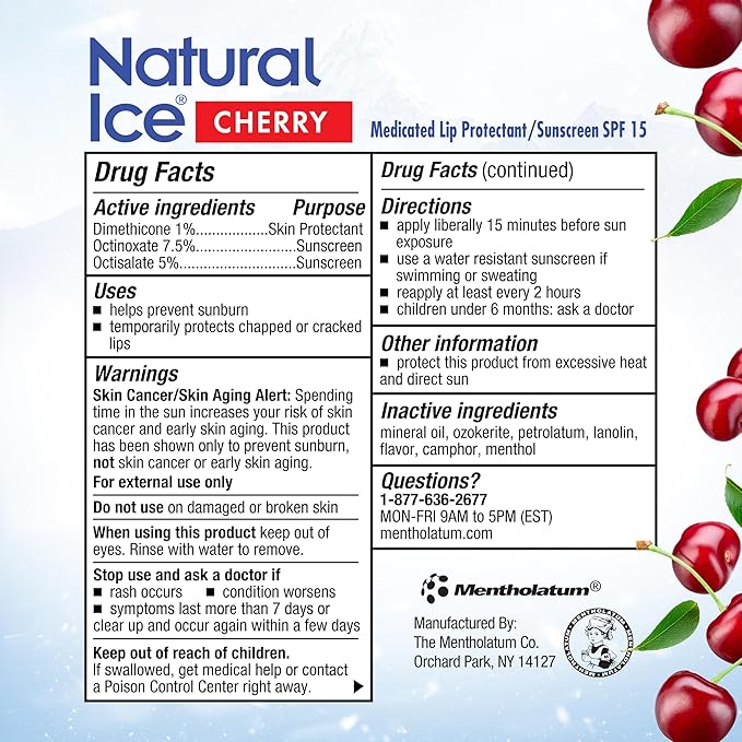 Natural Ice Cherry - SPF 15 lip balm, Cherry Flavor, 0.15 Ounce (Pack of 12)-VivaGrace Women