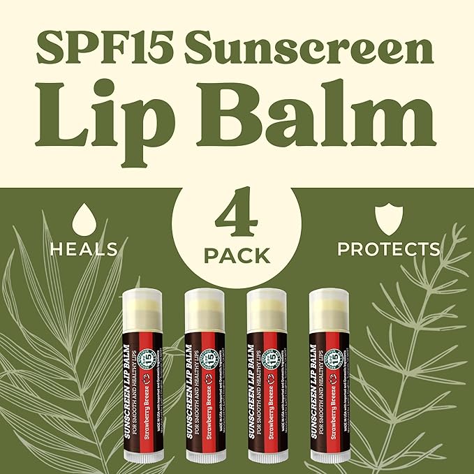 SPF Lip Balm 4-Pack by Earth's Daughter - Lip Sunscreen, SPF 15, Organic Ingredients, Strawberry Flavor, Beeswax, Coconut Oil, Vitamin E - Hypoallergenic, Paraben Free, Gluten Free-VivaGrace Women