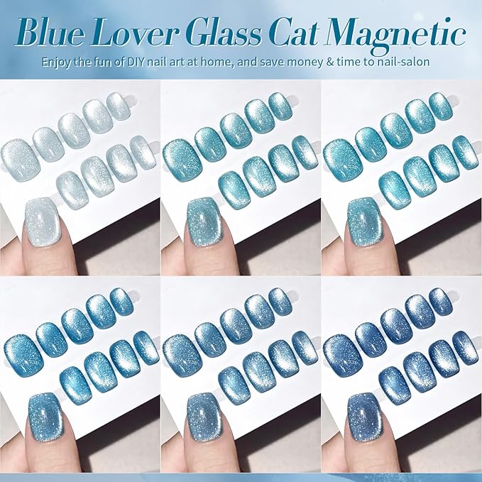 BORN PRETTY Magnetic Gel Nail Polish Blue Water Light Cat Magnetic Eye Gel Jelly Glass Crystal Magnetic Gel Polish Glitter Shimmer Auroras Magnetic Gel Nail Art Manicure Kit 6PCS-VivaGrace Women