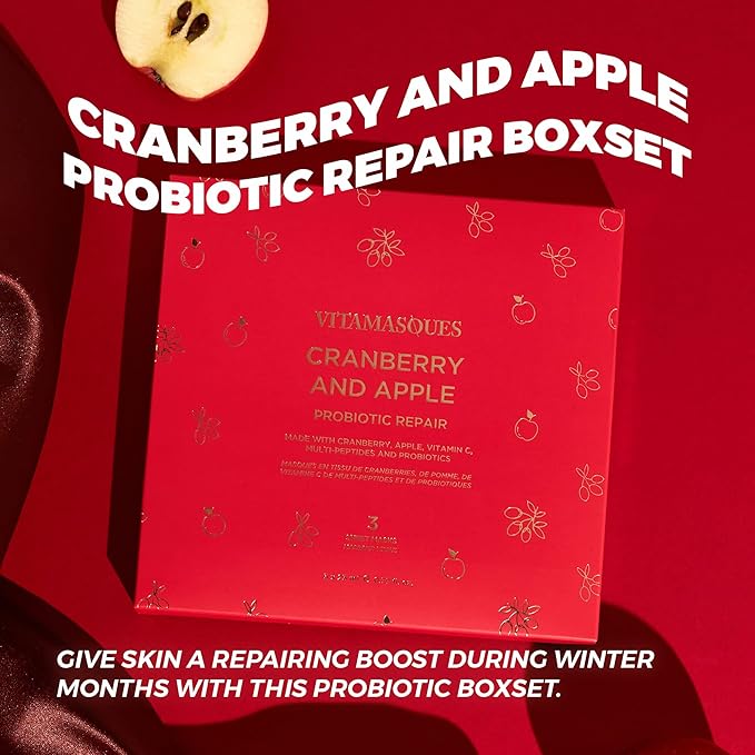 Vitamasques Cranberry and Apple Probiotic Repair Boxset - 3 Vegan Face Masks with Adaptogenic Ingredients to Improve Skin Health-VivaGrace Women