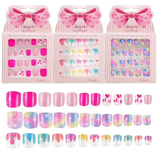 Kids Press on Nails Children Fake Nails 72PCS Artificial Nail Tips Adhesive Full Cover Short False Fingernails for Girls Kids Nail Decoration (Starry Heart Ice Cream)