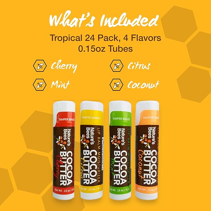 Nature's Bees - Cocoa Butter Lip Balm Moisturizer - Tropical 24 Pack, 4 Flavors - Citrus, Coconut, Cherry, & Mint - Made w/Coconut Oil, Beeswax, Vitamin E, Aloe, Shea Butter - 0.15oz (4.2g)-VivaGrace Women