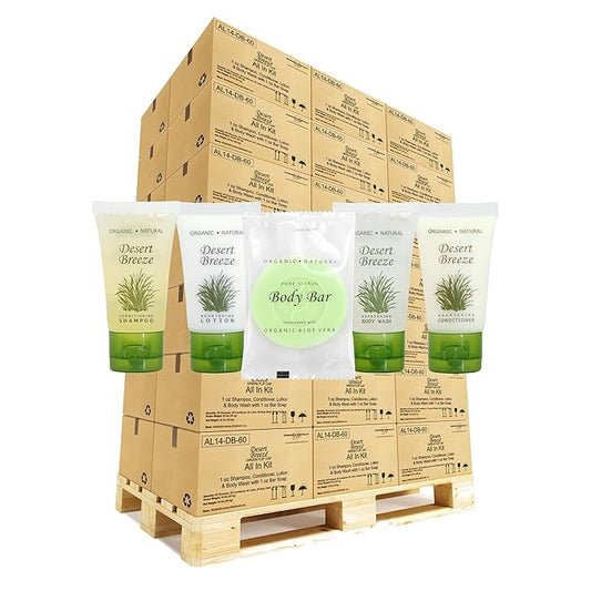Desert Breeze Hotel Soaps and Toiletries Bulk Set | 1oz Hotel Shampoo & Conditioner, Body Wash, Body Lotion & Bar Soap | Full Pallet 49 cases with 300 units each - 14,700 pieces-VivaGrace Women