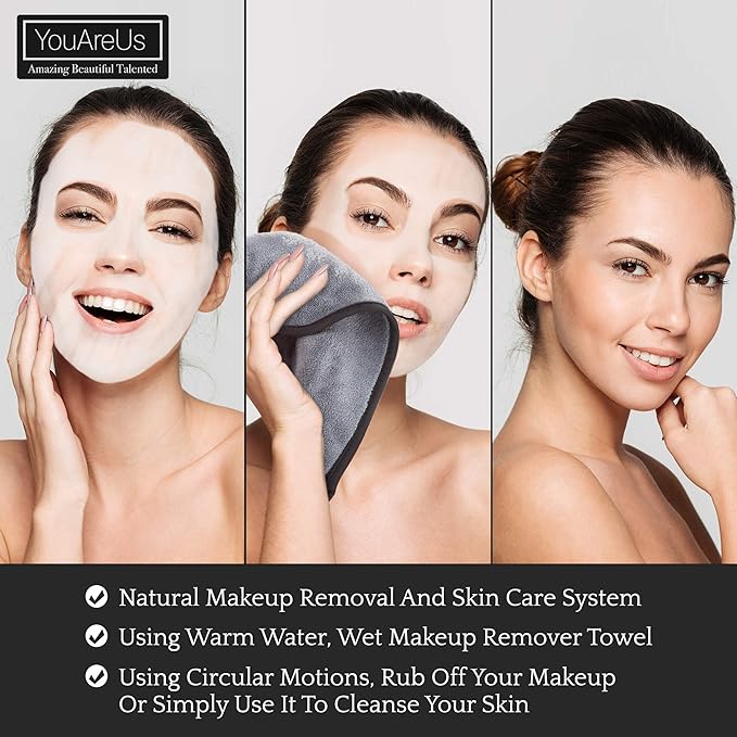 Makeup Remover Cloth Towel Set, 𝟯 𝗣𝗮𝗰𝗸 𝗮𝗹𝘀𝗼 𝗶𝗻𝗰𝗹𝘂𝗱𝗲𝘀 𝗦𝗽𝗮 𝗛𝗲𝗮𝗱𝗯𝗮𝗻𝗱 𝗮𝗻𝗱 𝗖𝗼𝘀𝗺𝗲𝘁𝗶𝗰 𝗕𝗮𝗴, by YouAreUs. Microfiber Cloth, Leaving Skin Feeling Cleaner!