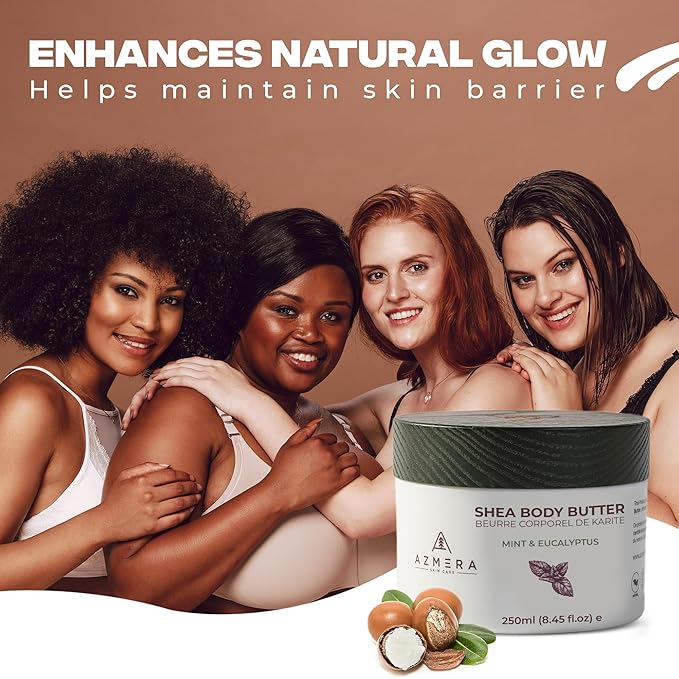 AZMERA Handcrafted Whipped Shea Body Butter – Refreshing Mint & Eucalyptus Scented Moisturizer for Dry, Sensitive Skin, Argan Oil & Vitamin E – Vegan, Non-Greasy Skincare – 8.82 oz-VivaGrace Women