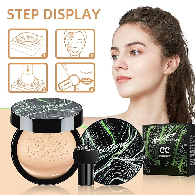 Mushroom Head Air Cushion CC Cream - BB Cream Foundation Makeup Moisturizing Concealer Long-Lasting, Cushion Foundation Full Coverage Self Adjusting for Mature Skin & All Skin Types (Natural)-VivaGrace Women