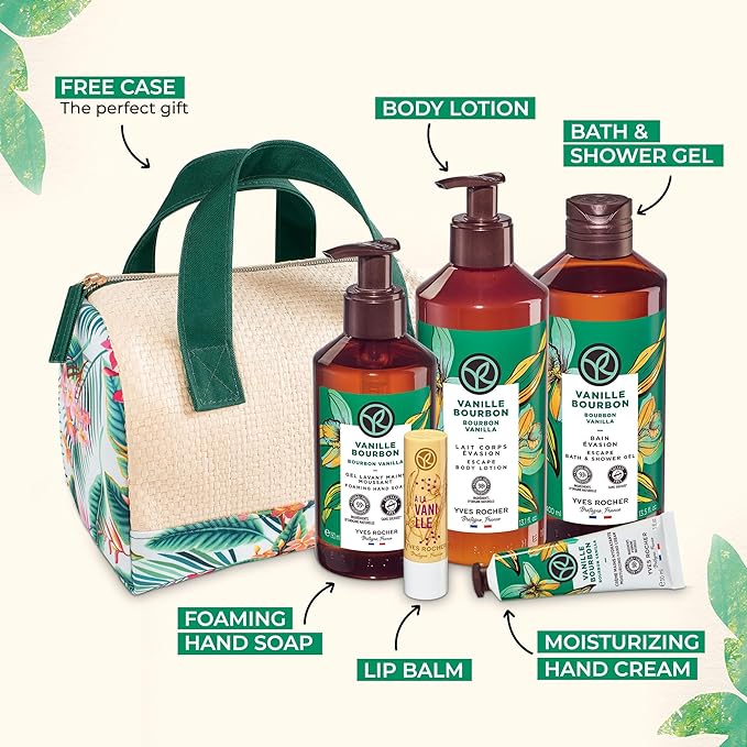 Yves Rocher Bain de Nature Vanilla 6-Piece Gift Set, Shower Gel, Hand Cream, Body Lotion, Lip Balm, Hand Soap & Vanity Bag, 6 Items-VivaGrace Women