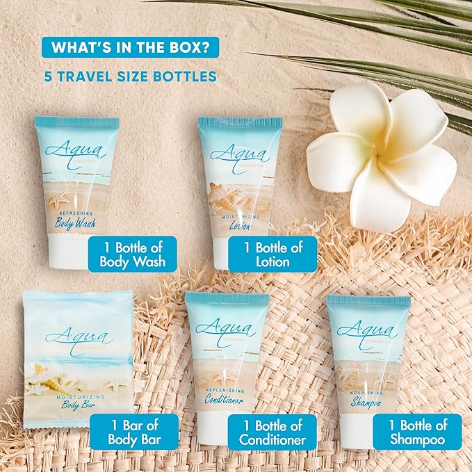 | Aqua Organics Hotel Soaps and Toiletries Bulk Set | Amenities for Hotels & Airbnb | 1oz Hotel Shampoo & Conditioner, Body Wash, Body Lotion & 1oz Bar Soap Travel Size | 5 Pieces-VivaGrace Women