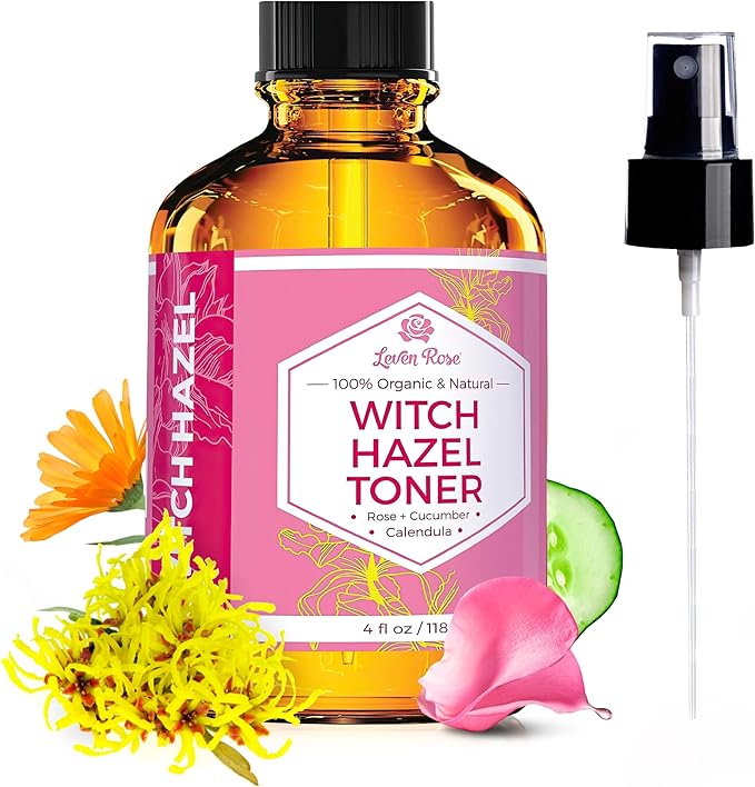 Witch Hazel Alcohol Free Toner by Leven Rose, 100% Pure Organic Facial Rose Water with Rose Petals, Calendula, Cucumber, and Chamomile Flower 4 oz-VivaGrace Women