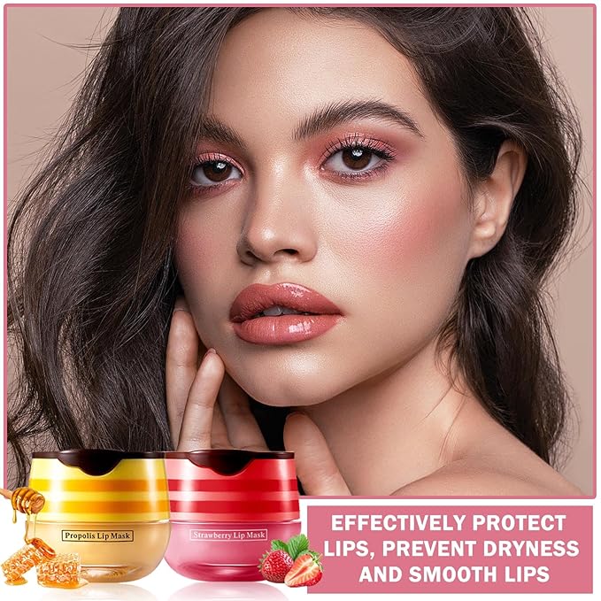 NVLEPTAP 2PCS Bee Lip Balm Honey Pot Honey & Strawberry Lip Balm Moisturizing Honey Lip Mask Lip Care Products Lip Balm with Wand-VivaGrace Women