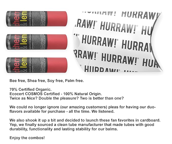 Hurraw! Cherry & Lemon Lip Balm, 3 Pack: Plastic-Free with new cardboard push-up tube. Certified Organic, All Natural Origin, Vegan & Cruelty Free. Gluten Free. Bee, Shea, Soy & Palm Free. Made in USA-VivaGrace Women